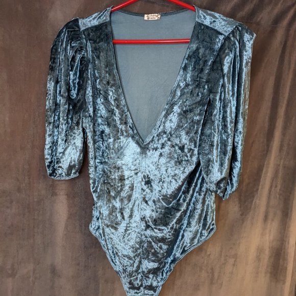 Free People Teal and/or Silver Don't You Wish Velvet Bodysuit (Large/US10/US12) - Picture 3 of 14